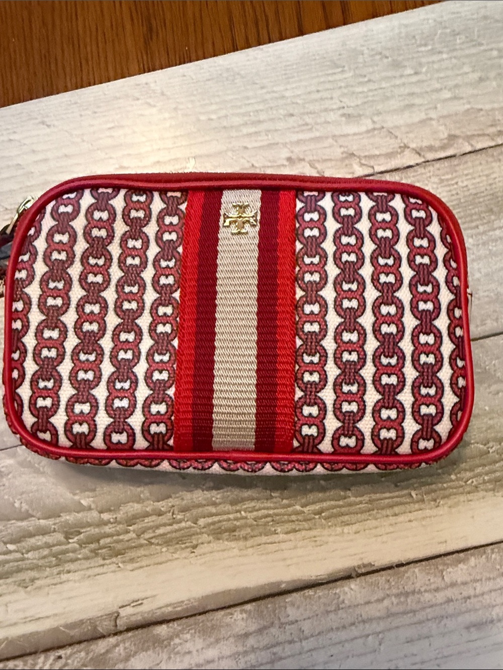 Tory Burch Red & Cream Patterned Zip Pouch with Gold Logo